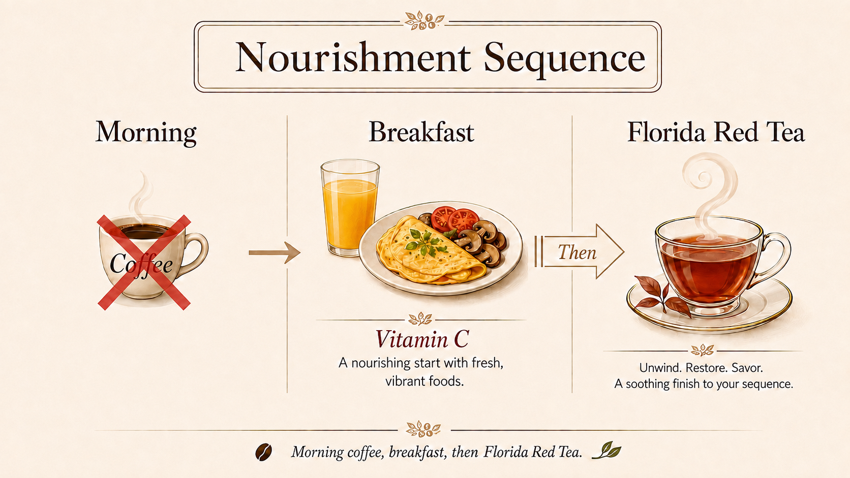 Nourishment sequence showing coffee avoided in the morning, a vitamin C-rich breakfast, and Florida Red Tea afterward